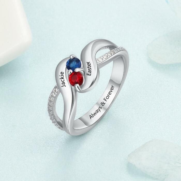 Personalized Sterling Silver Ring - Engrave One Special Phrase, Two Custom Names & Two Custom Birthstones - Women’s Fashion Jewelry