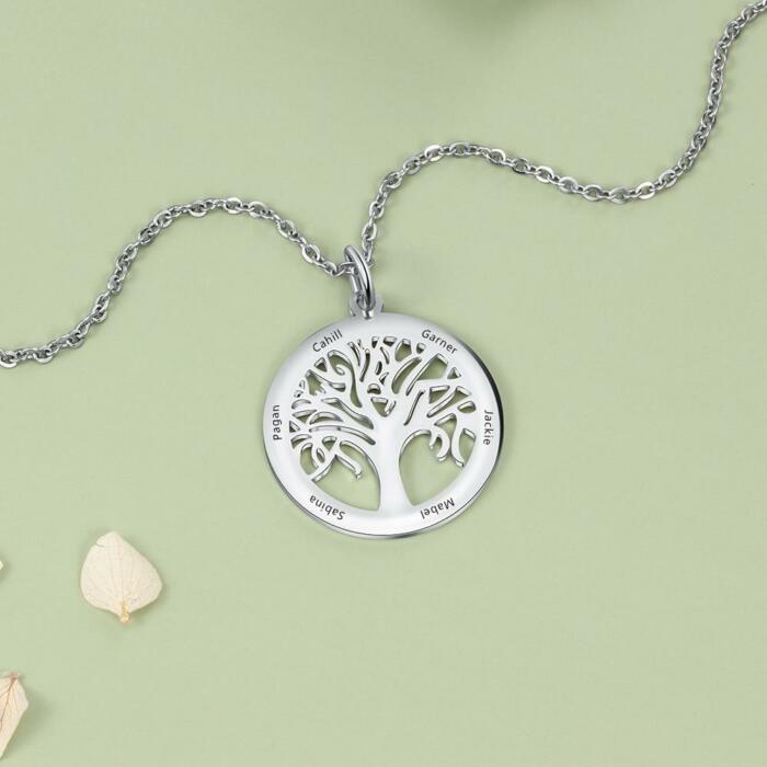 Personalized Stainless Steel Tree Of Life Names Engraved Pendant Necklace, Fashion Jewelry Gift for Mom