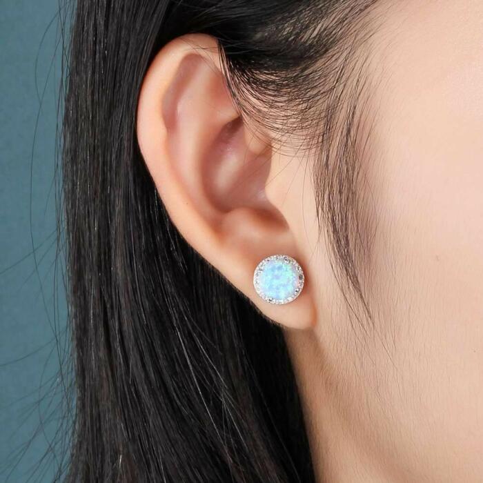 925 Sterling Silver Stud Earrings - 10mm Blue Opal Stone - Classic Stud Earring For Women - Fashion Earring Jewelry for Women - Ear Stud Accessories For Girls - Perfect Gift For Her, Family & Friends