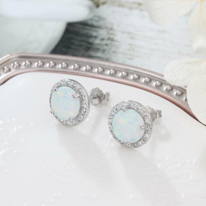 925 Sterling Silver Stud Earrings - 10mm Blue Opal Stone - Classic Stud Earring For Women - Fashion Earring Jewelry for Women - Ear Stud Accessories For Girls - Perfect Gift For Her, Family & Friends