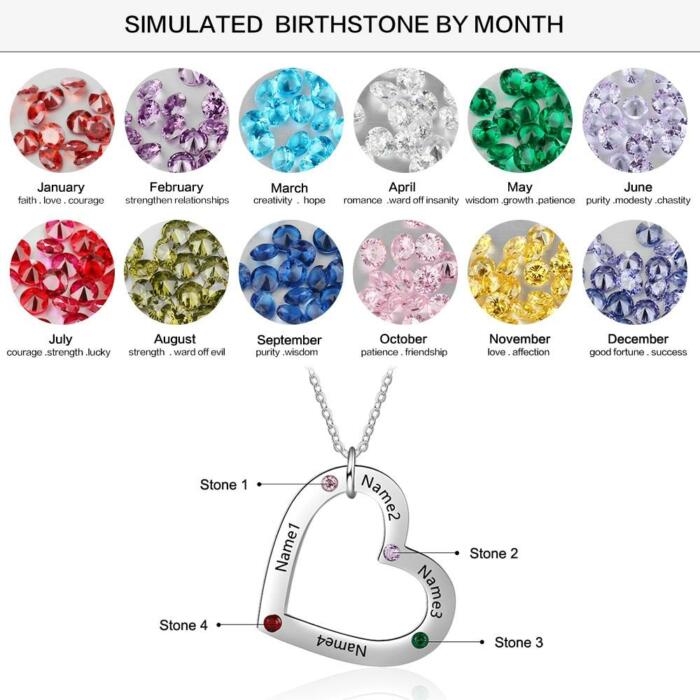 Personalized Heart Pendant Necklace - Custom Engrave 4 Names & Birthstone Pendant