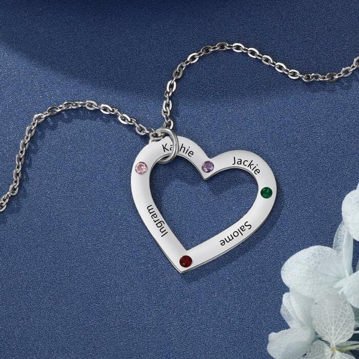 Personalized Heart Pendant Necklace - Custom Engrave 4 Names & Birthstone Pendant