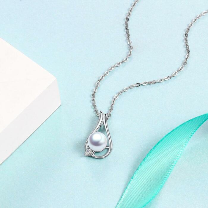 Women’s 925 Sterling Silver Necklace & Water Drop Shape Pendant with Pearl, Classic Fine Jewelry for Ladies