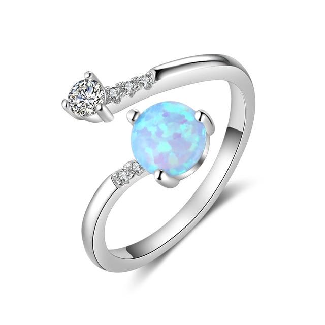 Elegant Sterling Silver Ring - Adjustable Settings Opal Stone & Cubic Zirconia Rings