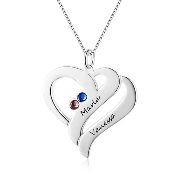 Personalized Stainless Steel Necklace - Heart Shaped Pendant - Two Custom Names & Birthstones - Customized Gifts