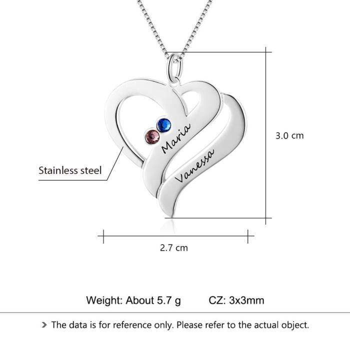 Personalized Necklace - Heart Shaped Pendant - Two Custom Names & Birthstones