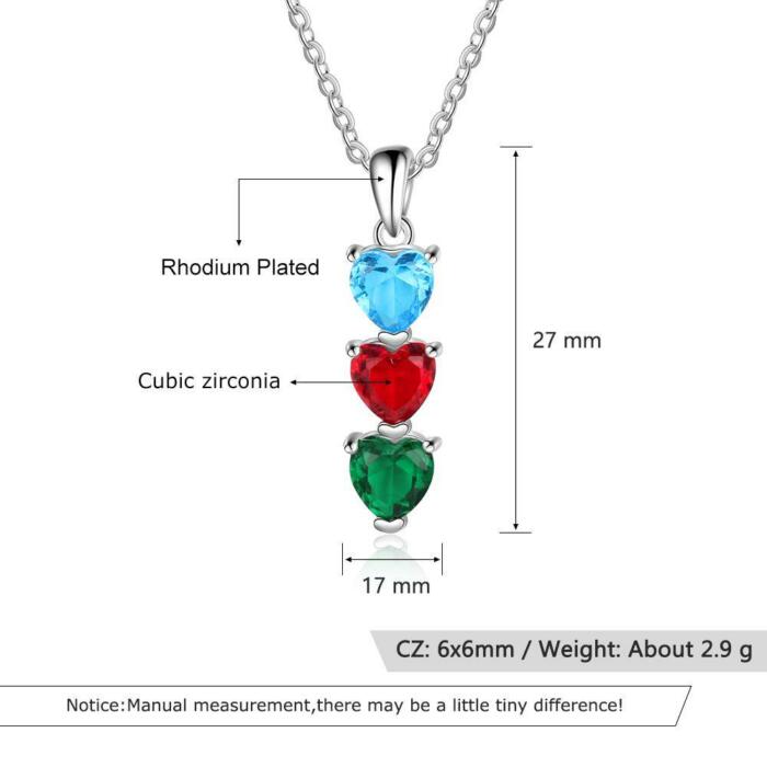 Personalized Heart Pendant Necklace - Three Custom Heart Shaped Birthstones - Customized Gift for Women