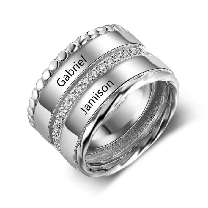 Unisex Personalized Double Top Rings, Engrave Two Custom Name, Trendy Wedding Bands