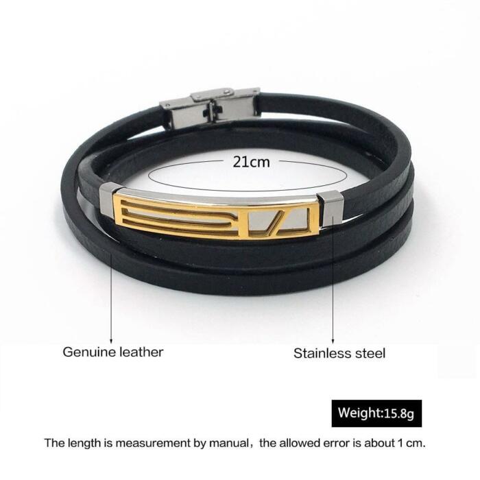 Men’s Trendy Stainless Steel Genuine Leather Bracelets, Fashionable Black Wrap Wristband Gift for Men