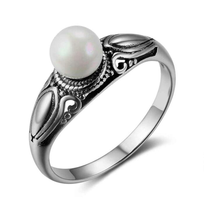 New Solid 925 Sterling Silver Rings for Women – Simulated Pearl Female Ring – Vintage Pattern Jewelry Gift for Girls
