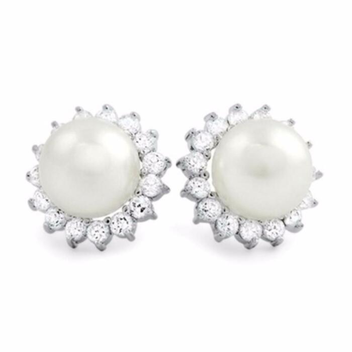 Women’s 925 Sterling Silver Pearl Stud Earrings with Cubic Zirconia