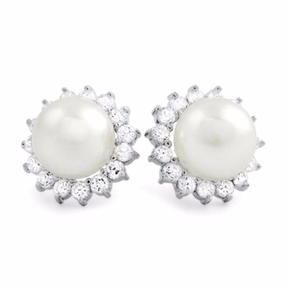 Sterling Silver Pearl Stud Earrings with Cubic Zirconia