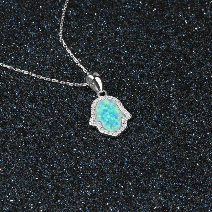Opal Stone Pendant with Sterling Silver Necklace for Women, Hamas Hand Shaped Pendant inspired by Ocean