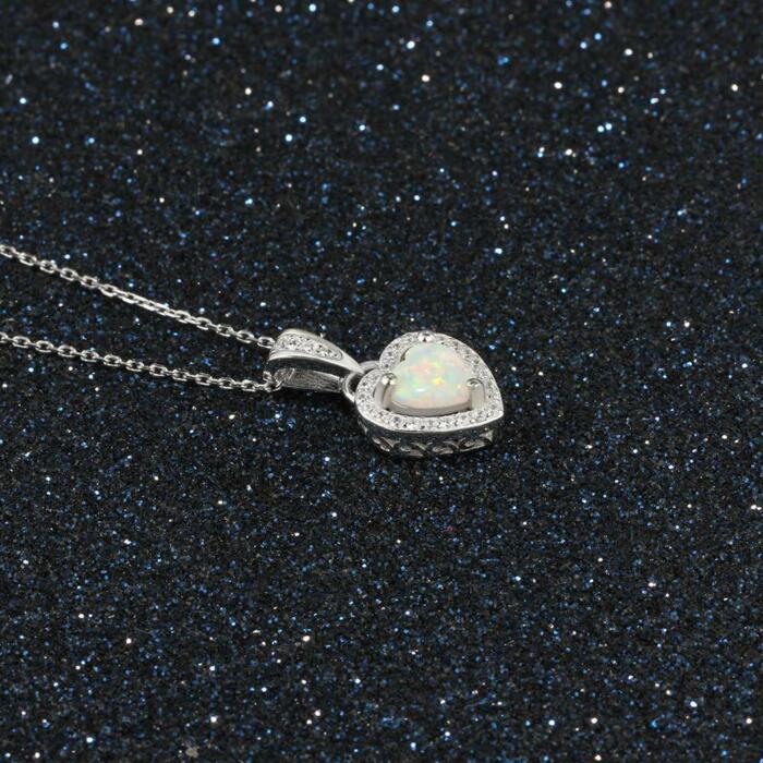 Opal Stone Heart Pendant Silver Necklace
