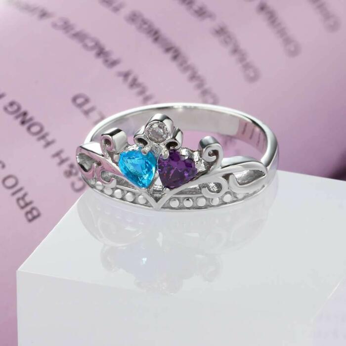 Personalized Sterling Silver Heart Crown Ring - Custom 2 Birthstones