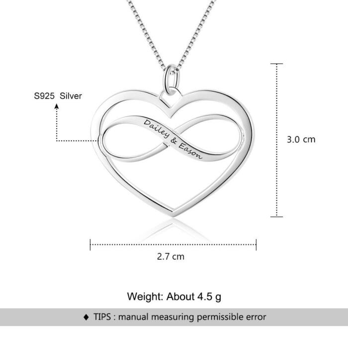 Personalized 925 Sterling Silver Necklaces - Heart & Infinity Pendant - Engraved Custom Names - Family Gift