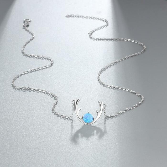 Women’s 925 Sterling Silver Necklace & Deer Head Design Pendant with Blue Opal, Trendy Party Jewelry