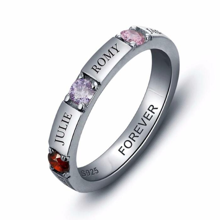 Sterling Silver Ring - Personalized 4 Names and 3 Birthstones on the Ring
