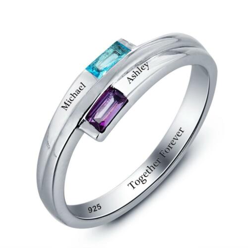 Stylish Sterling Silver Ring - Engagement Custom Band Name & Birthstone Engraved