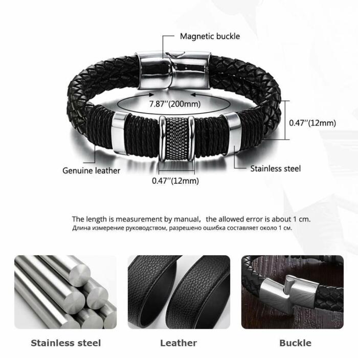 Men's Classic Leather Bracelets for Men- Genuine Leather Men's Bracelet for Everyday Wear- Magnetic Buckle Stainless Steel Bracelet- Classic Stainless Steel Mens Bracelet- Fashionable Accessory for Men