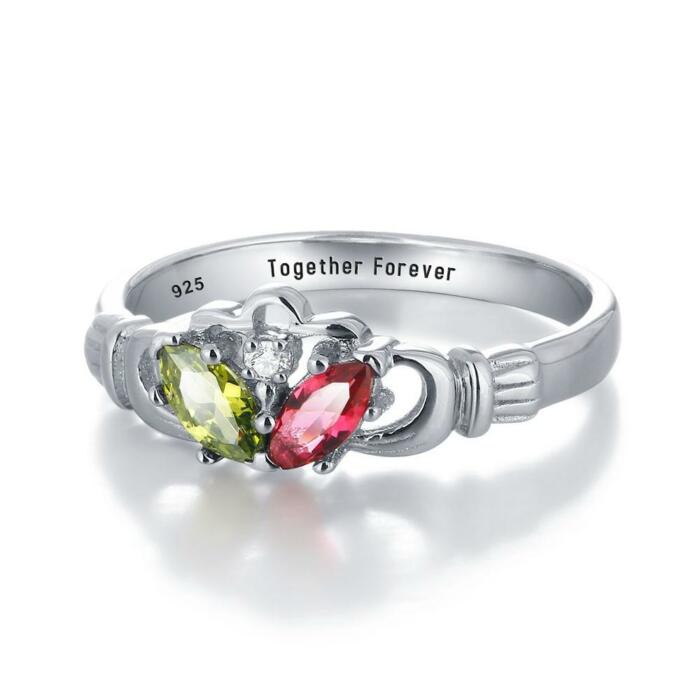 Personalized Sterling Silver Claddagh Ring - Romantic Two Birthstone and Inner Engraving Text