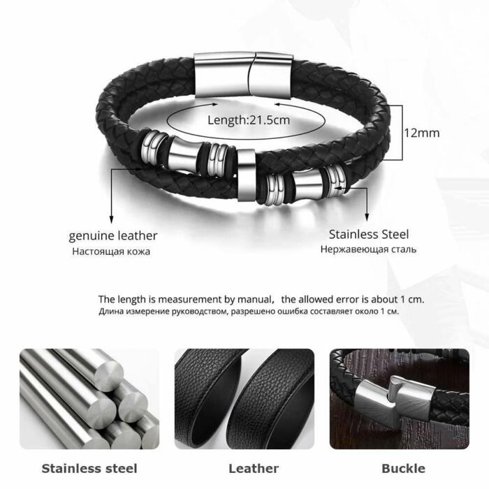 Stainless Steel Mens Bracelet - Leather Bracelet for Men - Bangle Jewelry for Accessories - Black Leather Bracelet for Men - Casual jewelry