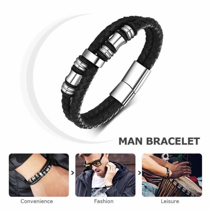 Black Leather Bracelet for Men