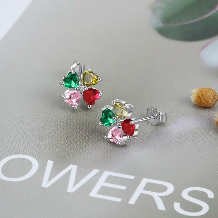 Stud Flower Earrings for Women with Customized 4 Heart Birthstones