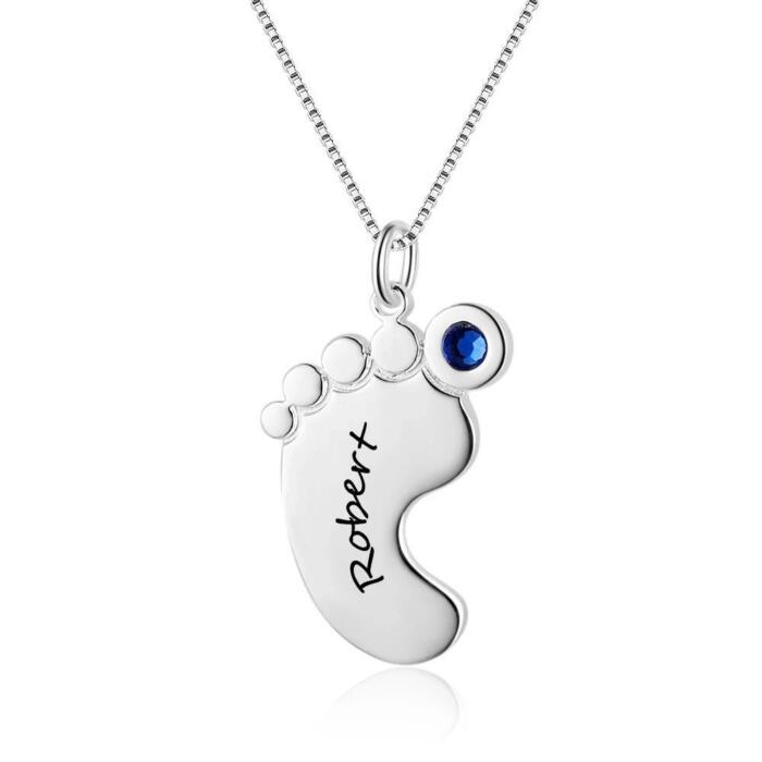 Personalized Baby Feet Necklace - Custom Name Pendant - Custom Birthstone with Sterling Silver Necklace