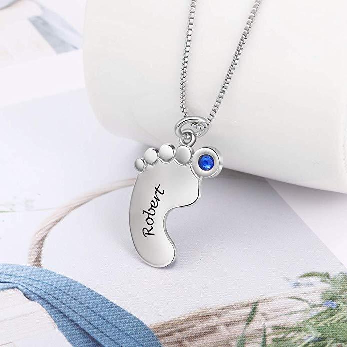 Personalized Baby Feet Necklace - Custom Name Pendant - Custom Birthstone with Sterling Silver Necklace