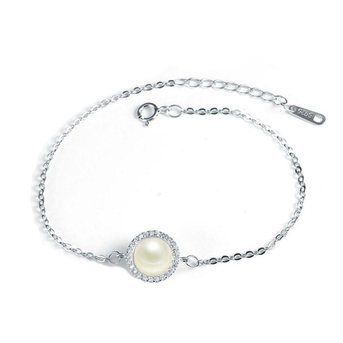 Women 925 Sterling Silver Adjustable Bracelet with Round Simulated Pearl, Party Jewelry Bracelets & Bangles
