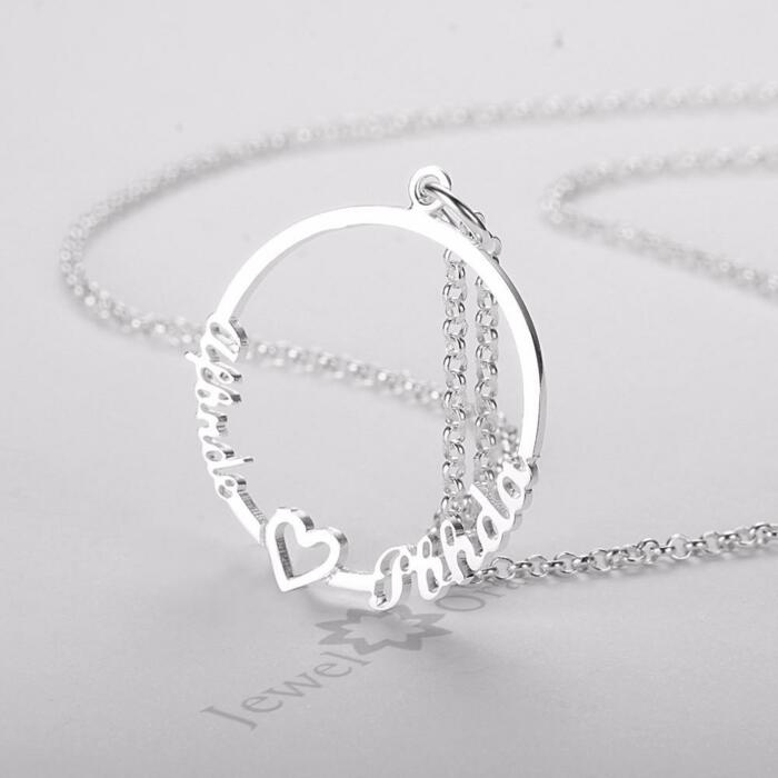 Plated Silver Jewelry- Silver Jewelry for Women- 2-Name Customizable Silver Jewelry- Beautiful Circle Necklace with Heart