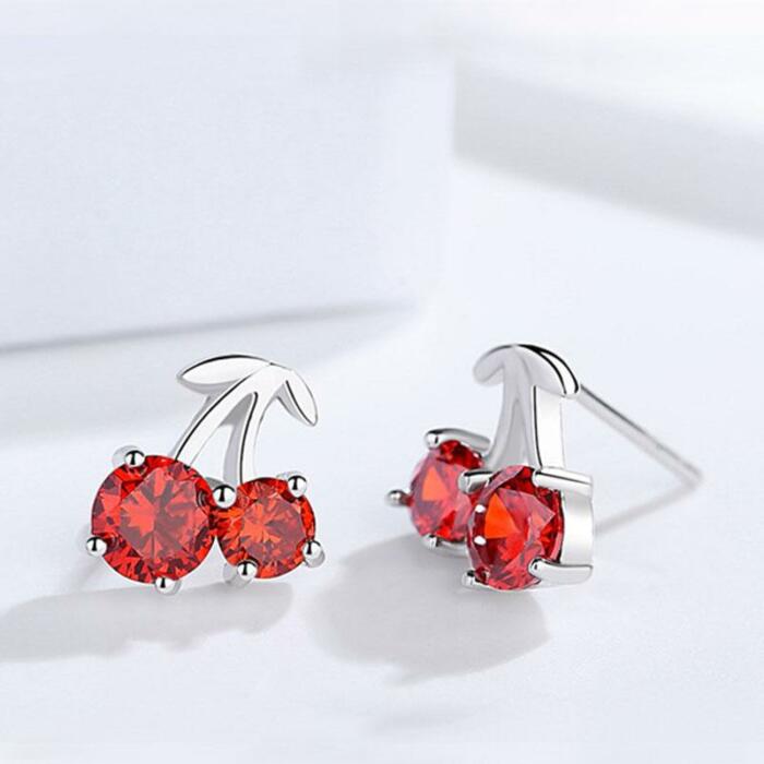 Romantic Silver Red Cherry Stud Earrings