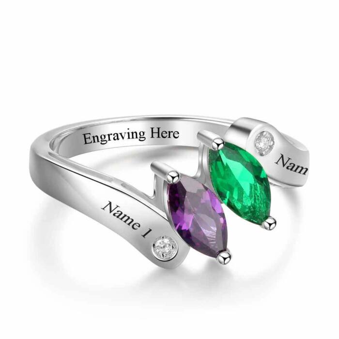 Personalized Love Promise Rings - Engraved Two Layer Names & Two Birthstones