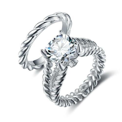 925 Sterling Silver Hemp Rope Ring Sets with Cubic Zirconia Hearts & Arrows Stone for Women