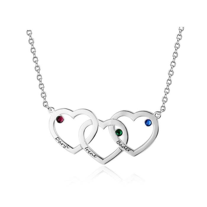 Personalized Sterling Silver Necklace - Intertwined Heart Shape Pendant - Engrave Three Custom Names & Custom Birthstones