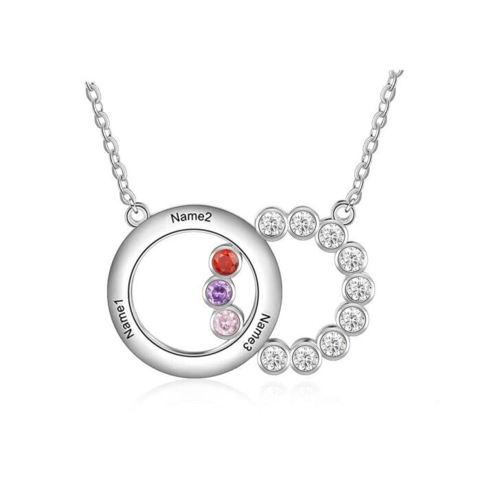Personalized Women’s 925 Sterling Silver Family Necklace with 3 Names Circle & Custom Birthstones Pendant, Classic Jewelry for Mother