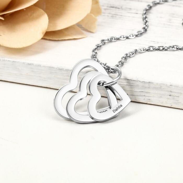 Personalized Triple Heart 3 Names Engraved Necklace