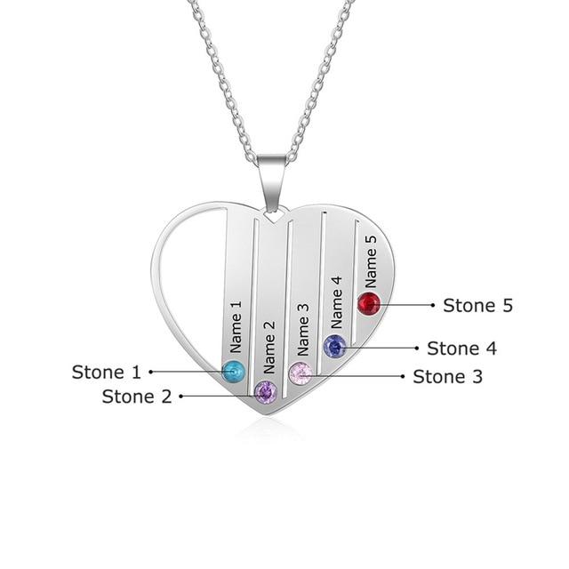 Personalized Heart-Shaped Pendant - Engrave Five Custom Names & Add Birthstones - Three Metal Color