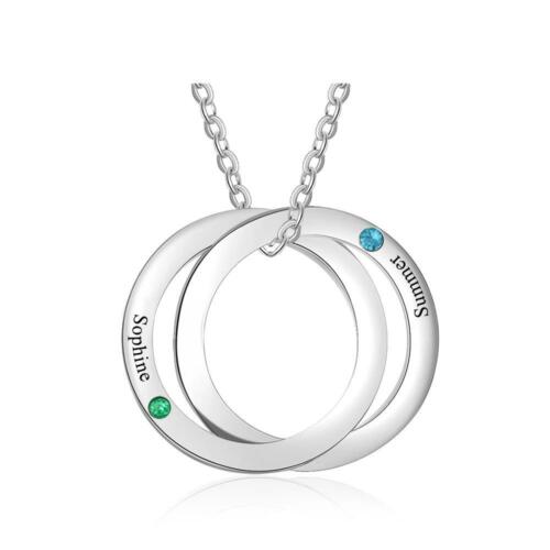 Personalized Stainless Steel Double Circles Necklace with Custom Name Engraved & Birthstone Pendant, Couple Gift Necklace