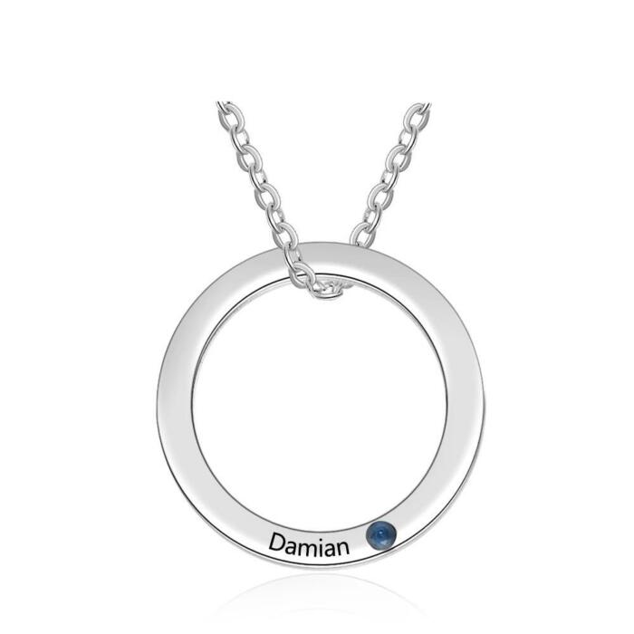 Personalized Stainless Steel Circle Pendant Necklace with Name Engraved & Custom Birthstone, Gift Jewelry for Women