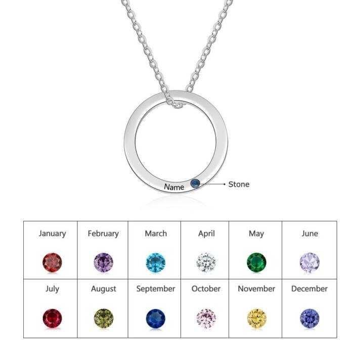 Personalized Circle Pendant Necklace with Name Engraved & Custom Birthstone Jewelry