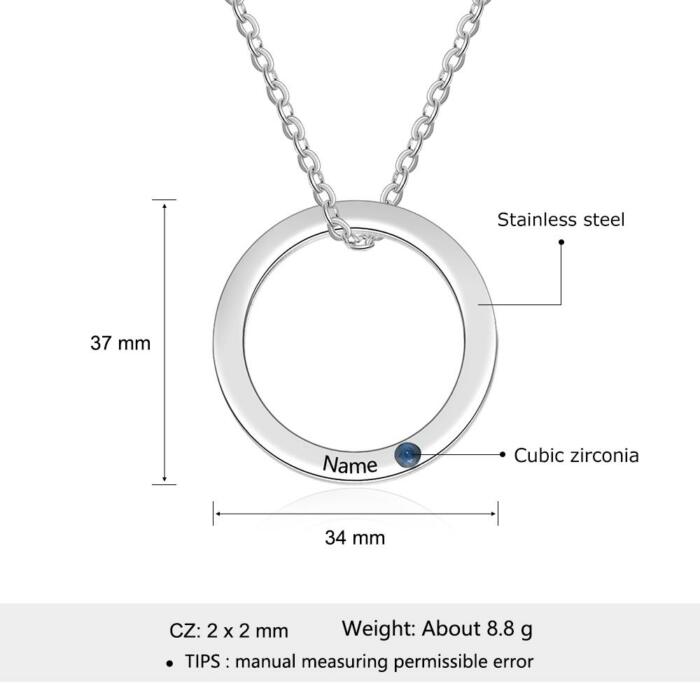 Personalized Stainless Steel Circle Pendant Necklace with Name Engraved & Custom Birthstone, Gift Jewelry for Women