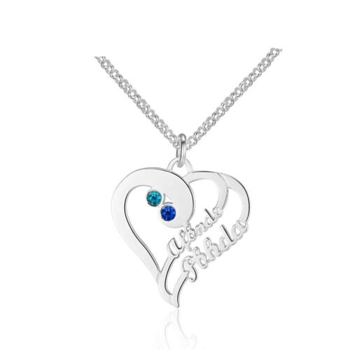 Personalized 925 Sterling Silver Double Heart Name Engraved & Custom Birthstone Pendant Necklace, Fashion Necklace for Women