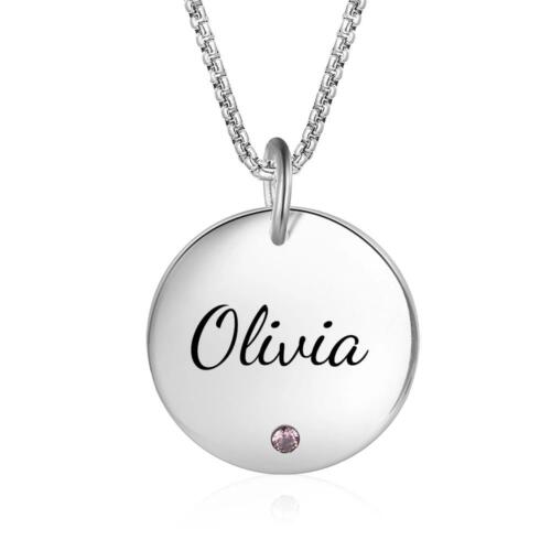 Round Personalized Necklace with Birthstone & Custom Name Pendant