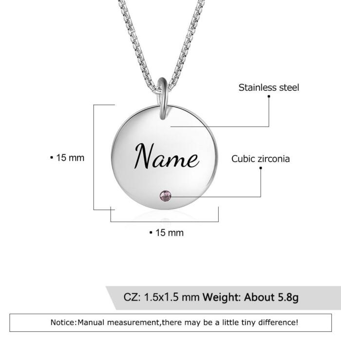 Round Stainless Steel Personalized Necklace for Women with Birthstone & Custom Name Pendant