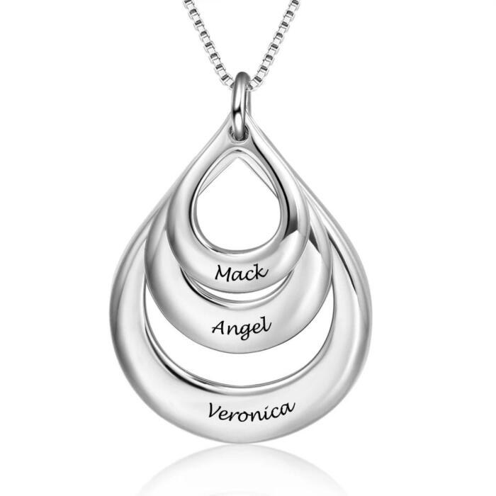 Sterling Silver Triple Water Drop Pendant Necklace with Three Customized Name Engravings