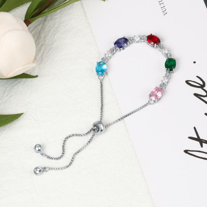 Personalized Chain Bracelets with 5 Oval Customized Birthstones & Zirconia, Gift Jewelry Bracelets for Women