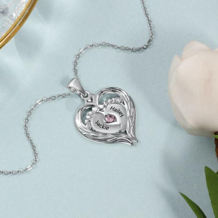 Personalized Sterling Silver Necklace - Heart Shaped Baby Feet Pendant - Engrave Two Custom Names - One Birthstone