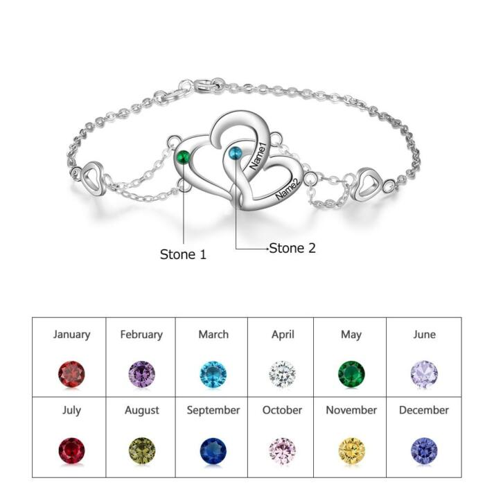 Personalized Intertwined Heart Custom Bracelet for Women with Name Engraved & Birthstone, Lovers Gift Bracelet